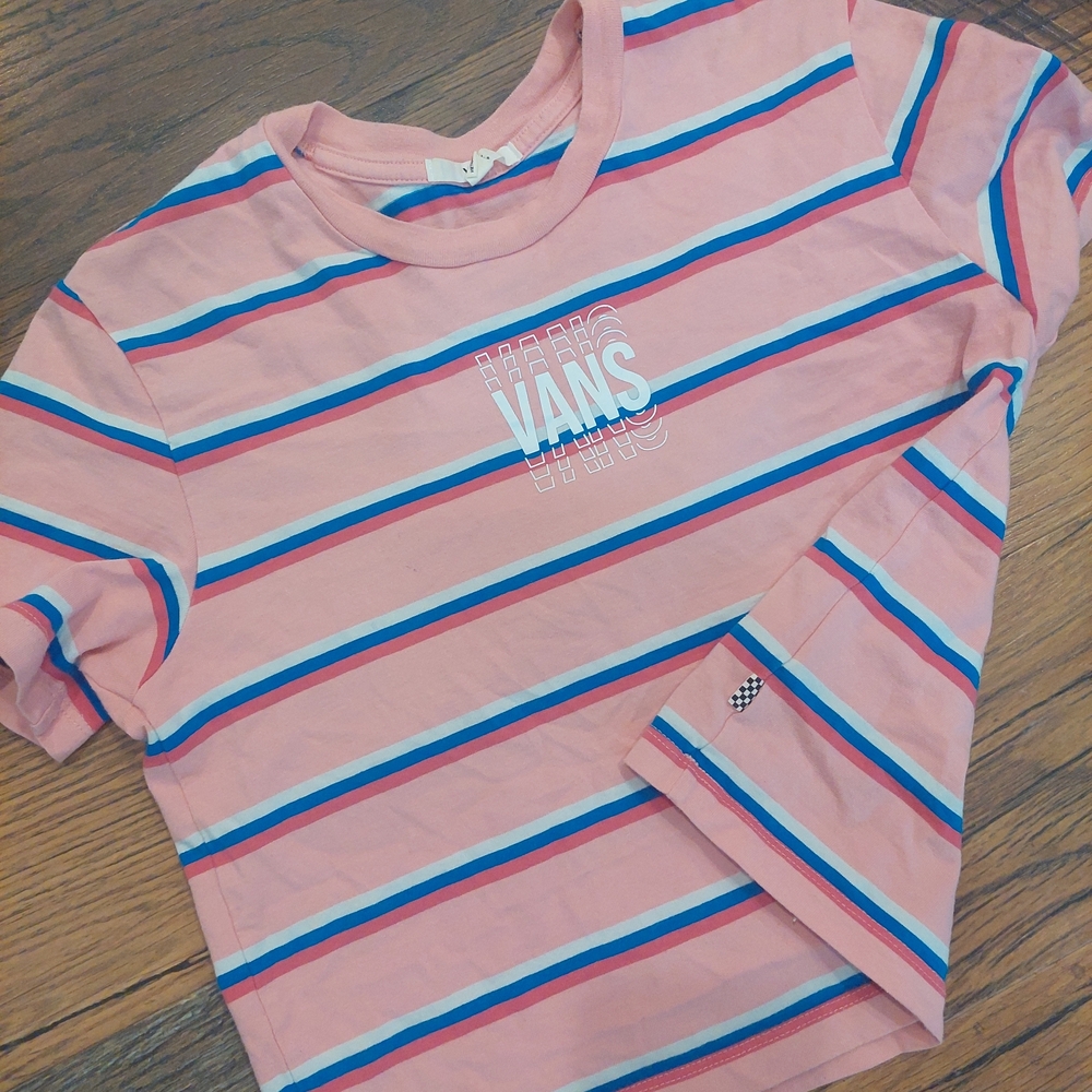 Vans Kids Pink and Blue Striped Long Sleeve Tee